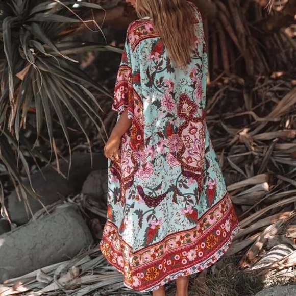 Colorful Red Mint Peacock Floral Bohemian Boho Duster Wrap Kimono Coverup Robe - Picture 4 of 11